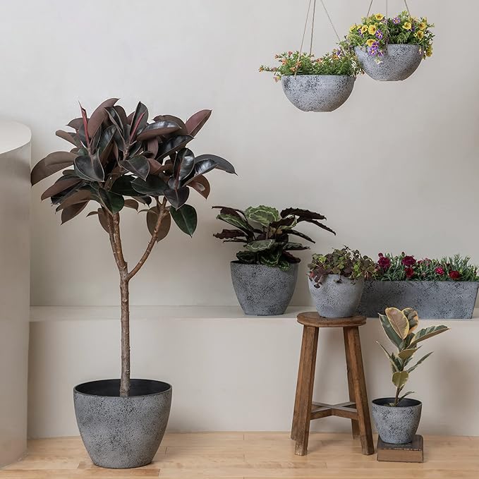 LA JOLIE MUSE 14.2/11.3/8.6 Inch Planters,Set of 3 Indoor/Outdoor Round Planters,Grey Tree Planters,Plant Container with Drain Holes,Flower Pots for Patio and Deck