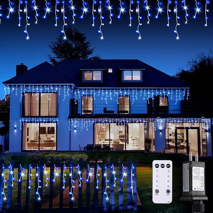 JMEXSUSS Blue&White Icicle Lights Indoor Outdoor, 38.8FT 400 LED Icicle Christmas Lights for Outside, Icicle String Lights with Remote for House Bedroom Fireplace Birthday Party Christmas Decorations