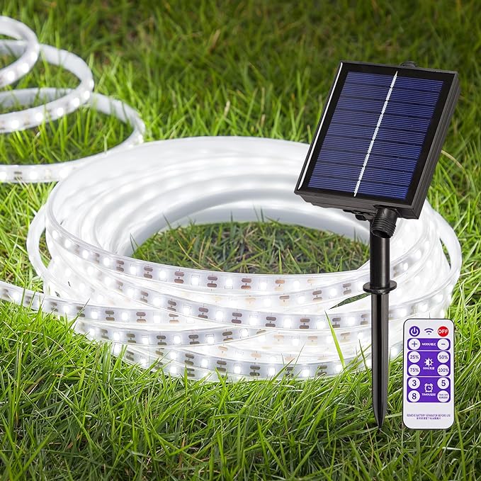 LUHLEE Solar LED Strip Lights, Upgrade Outdoor Rope Lights 8 Lighting Modes,IP65 Waterproof String Lights for Patio Yard Deck Porch Balcony Garden (White, 16.4 ft)