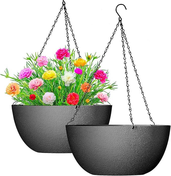 WOUSIWER 13 inch 2Pack Large Hanging Planters for Outdoor Indoor Plants with Drainage Holes and Chain, Round Hanging Flower Pots for Garden Home Porch Decor, Black