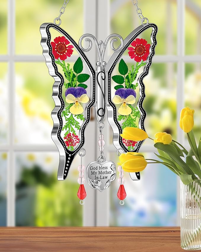 KY&BOSAM Butterfly Suncatcher God Bless My Mother-in-Law Gift Stain Glass Suncatchers for Window Hanging Wind Chime Home Ornament Mom Gift for Mother`s Day Valentine's Birthday Thanksgiving Christmas