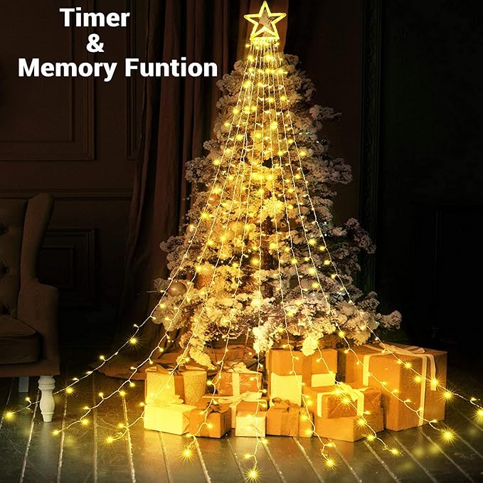 Toodour Christmas Decorations Outdoor Star Lights, 317 LED 10ft X 9 Waterfall Tree Lights with 12" Topper Star, 8 Lighting Modes Outside Christmas Lights for Yard Garden Holiday Decor (Warm White)