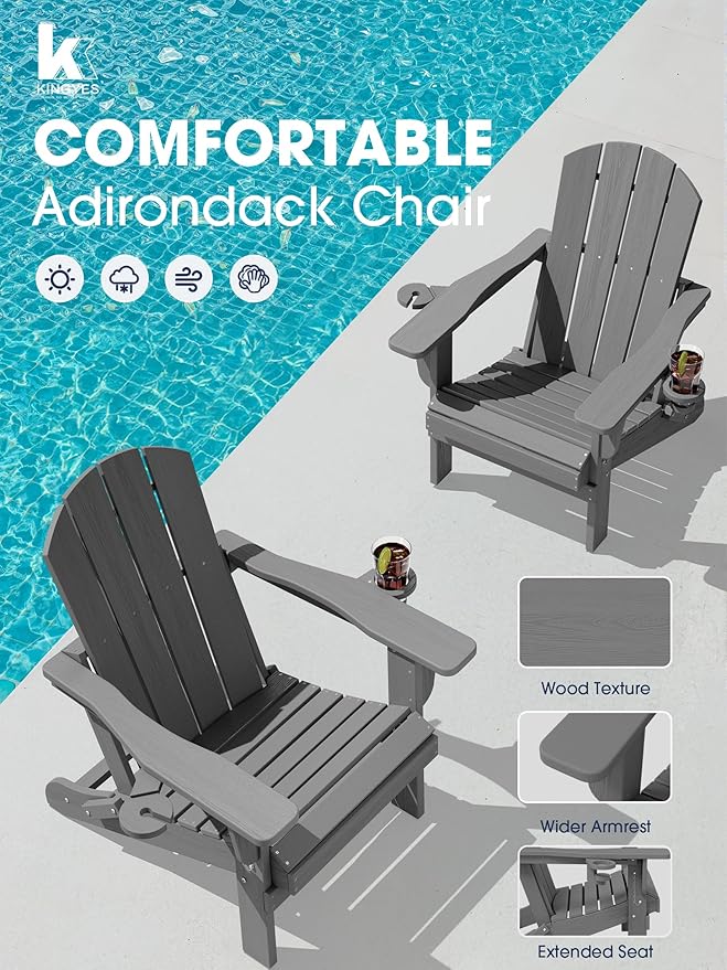 KINGYES Folding Adirondack Chair Set of 2, Dual Cup Holders & All-Weather HDPE, Wood-Like Patio Chair for Backyard, Camping, Pool & Fire Pit, Grey