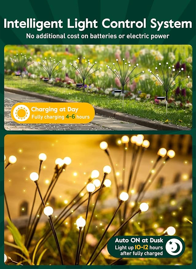 Solar Garden Lights - 4 Pack 48 LED Firefly Lights with 2 Lighting Modes, Sway by Wind, Waterproof Outdoor Decoration, Warm White
