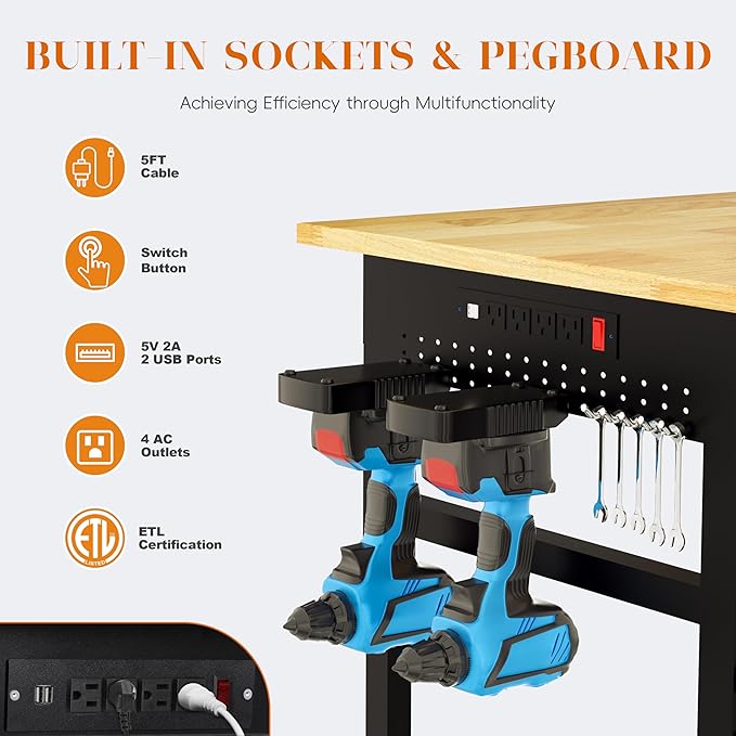 60" Adjustable Height Workbench, 2000 LBS Heavy Duty Work Table with Power Outlets & Pegboard, Rubber Wood Workstation for Garage, Workshop, Office, Home, Commercial
