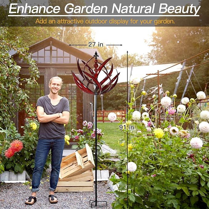 Yard Garden Wind Spinners - Large Outdoor Metal Wind Spinners Sculptures, Lawn Yard Art Garden Decor (Burgundy Lotus)