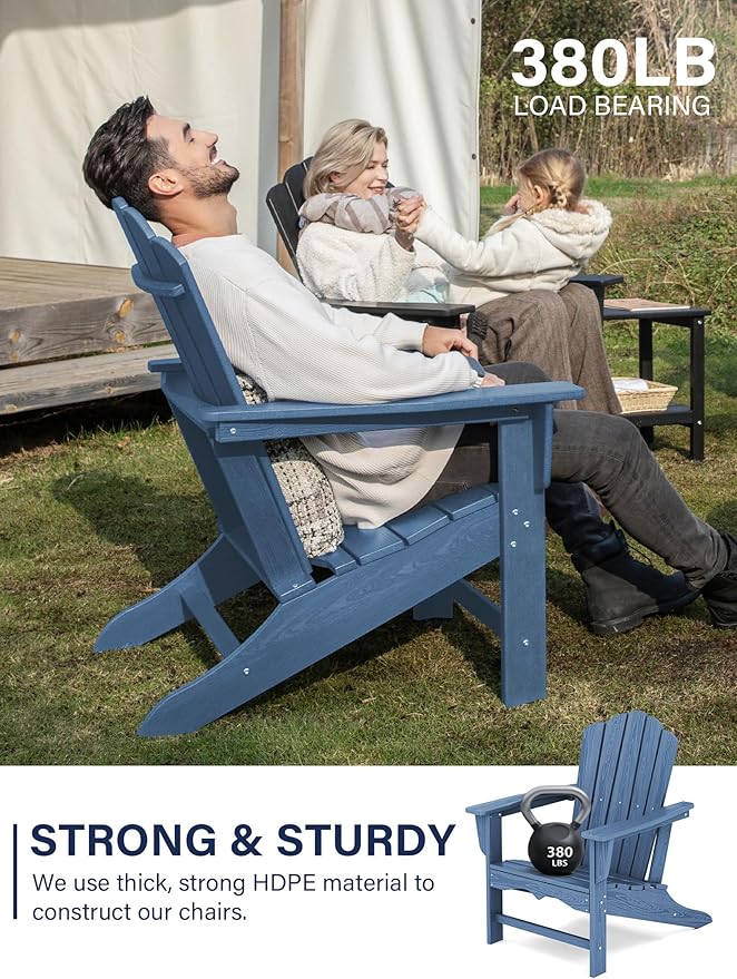 KINGYES HDPE Adirondack Chair, Classic All-Weather Adirondack Chairs Set of 2, Outdoor Patio Adirondack Chair for Deck Lawn fire Pit, Navy