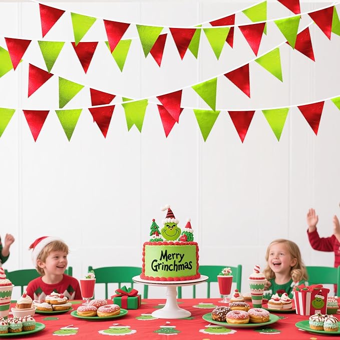 Red and Green Metallic Fabric Triangle Pennant Banner Flag Bunting Garland for Merry Grinchmas Birthday Baby Shower Bachelorette Xmas Holiday Christmas Holiday New Year Party Decorations Supplies