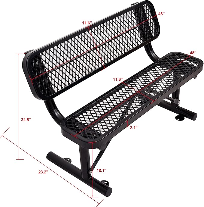 4 FT Heavy Duty Metal Park Bench with Back for Outside, Outdoor Black Bench with Backrest & Portable Frame, 1-3 Person Seat-Commercial Benches Garden Benches for Outdoors