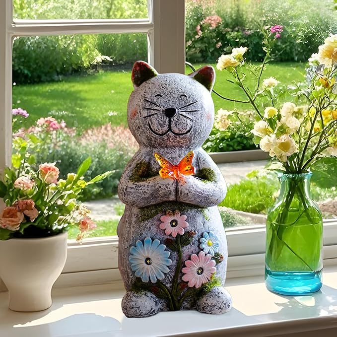 Solar Retro Cat Statue Outdoor - Resin Garden Outside Decorations with Butterfly for Patio,Balcony,Yard,Birthday Gardening Gifts for Women Mom