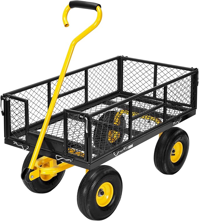 VIVOHOME Heavy Duty 880 Lbs Capacity Mesh Steel Garden Cart Folding Utility Wagon with Removable Sides and 4.10/3.50-4" Wheels 10 inch Tire (Black)