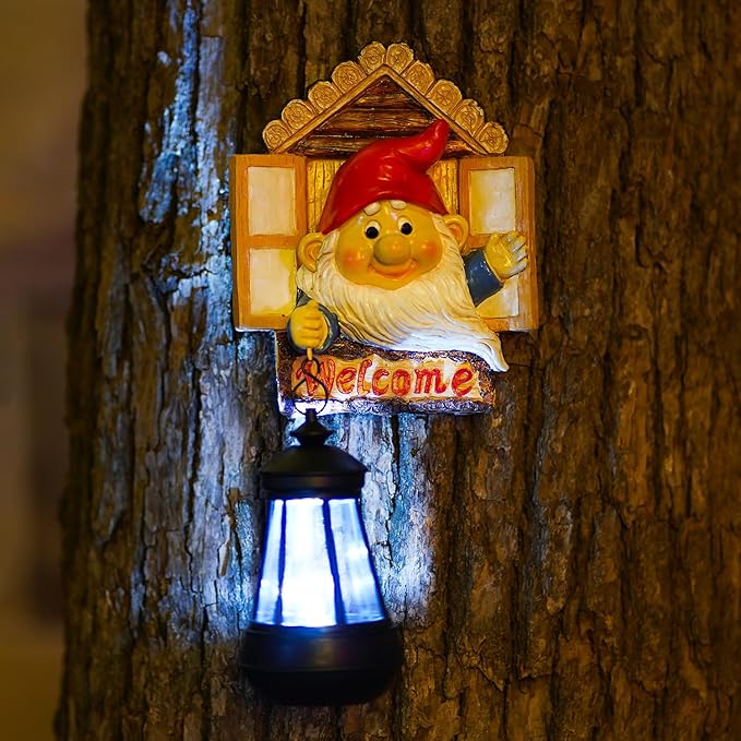 Gnome Tree Hugger with Solar Lantern - 10.6 Inch Resin Gnome Statue for Outdoor Garden Decor, Ideal Gnome Gifts and Gnome Statue Outdoor for Gnome Lovers