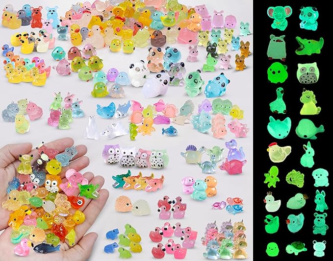 Luminous Mini Resin Animals 250Pcs Tiny Animals Bulk Glow in The Dark Mini Ducks Owls Frogs Pandas Rabbits Mushrooms for Miniature Garden Micro Landscape Aquarium Potted Decoration