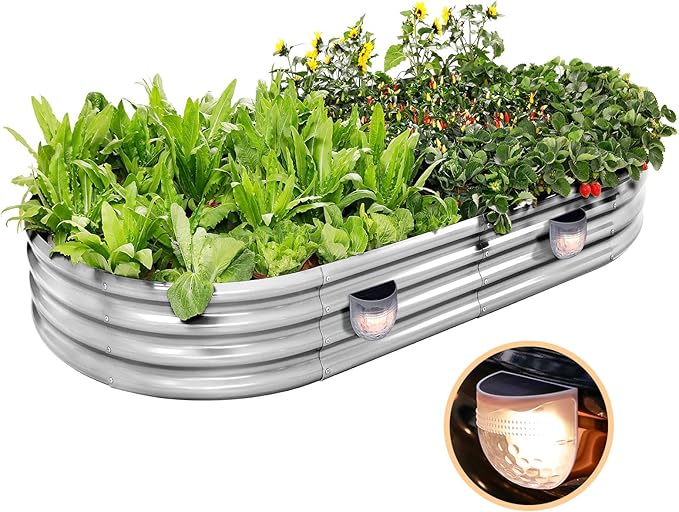 Land Guard Galvanized Raised Garden Beds Outdoor with 2 Magnetic Solar-Powered Lights(Grey), Metal Planter Raised Beds, 4×2×1Ft Metal Raised Garden Beds for Gardening, Vegetables, Flowers