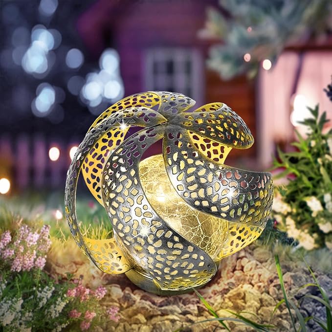 Huaxu Solar Lights Outdoor Garden Decor Waterproof Cracked Glass Globe LED Light Silver Retro Art Metal Retro Design Decorative Yard Patio Lawn Pathway Gift for Mom Women Anniversary Birthday