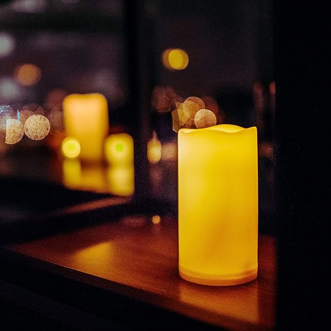 2 Waterproof Outdoor Battery Operated Flameless LED Pillar Candles with Timer Flickering Plastic Resin Electric Decorative Light for Lantern Patio Garden Home Party Wedding Decorations 3x6 Inch