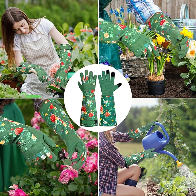 DLY Gardening Gloves,Leather Rose Gloves,Women's Long Gardening Glove for Work and Yard Work,Durable and Comfortable(Medium, Green