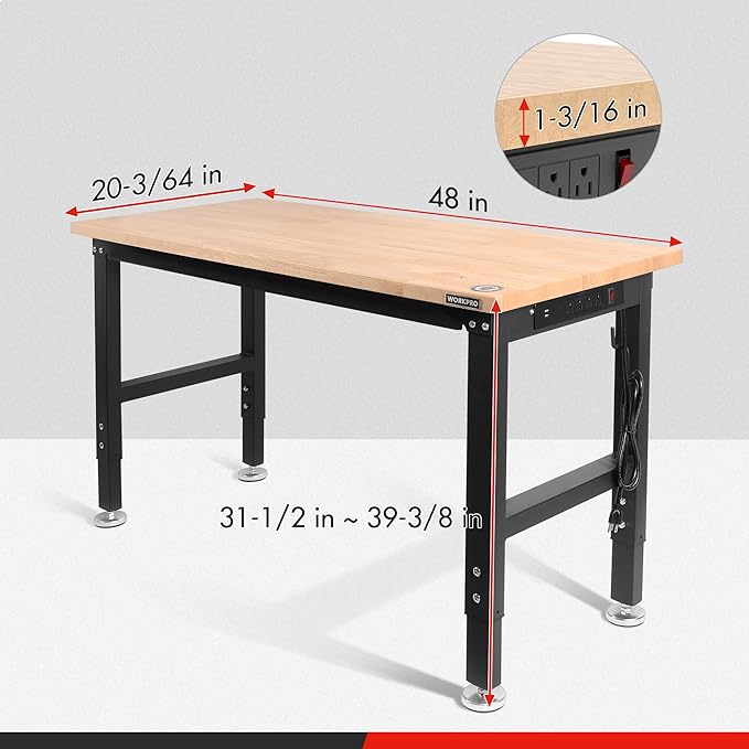 WORKPRO 48" Adjustable Workbench, Rubber Wood Top Heavy-Duty Workstation, 2000 LBS Load Capacity Hardwood Worktable with Power Outlets, for Workshop, Garage