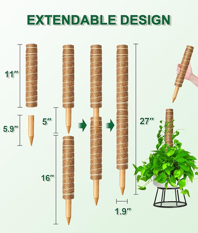 EAONE Moss Pole 96 Inch, 6 Pack 16" Monstera Plant Support for Climbing Potted Live Plants Indoor, Stackable Coco Coir Moss Sticks Monstera Stakes for Pothos Philodendron, with Garden Labels & Ties