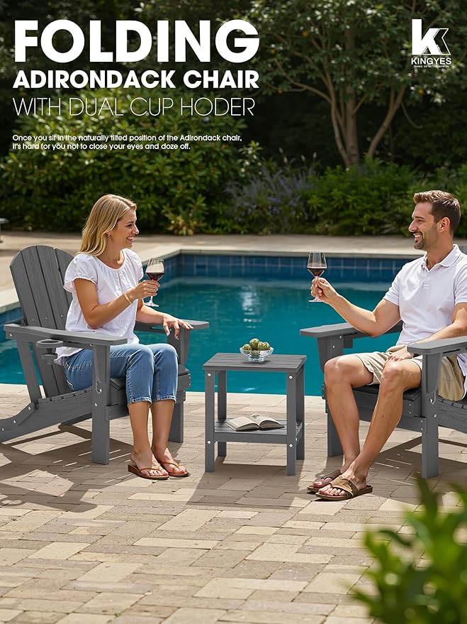 KINGYES Folding Adirondack Chair Set of 6, Dual Cup Holders & All-Weather HDPE, Wood-Like Patio Chair for Backyard, Camping, Pool & Fire Pit, Grey