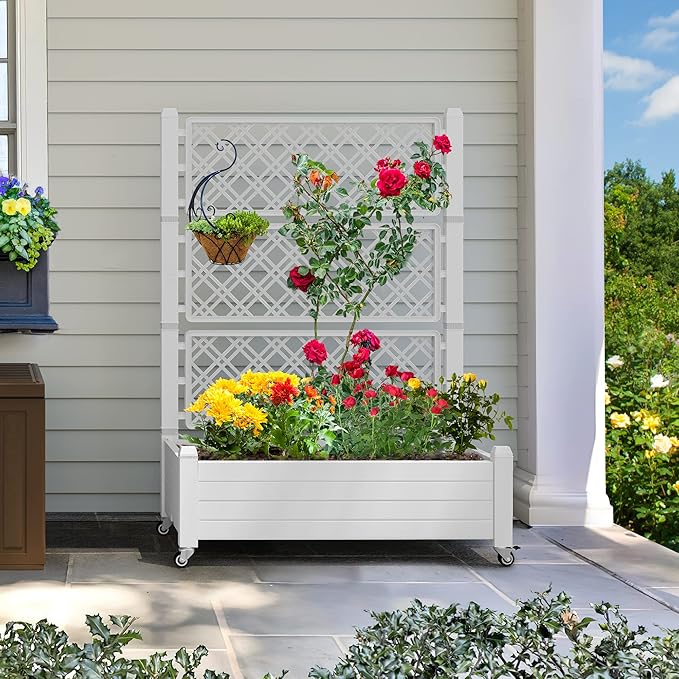 YITAHOME 3.6x1.5x5 FT Planter Box Trellis with Wheels, Large Outdoor Plastic Raised Garden Bed with Drain Plug for Climbing Plants, Grayish-White