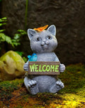 Goodeco Solar Cat with Welcome Sign - Outdoor Cat Statue with Solar Butterfly & Bird Lights - Perfect Cat Decor for Cat Lovers, Ideal Housewarming Gifts for Women & Moms (Gray)