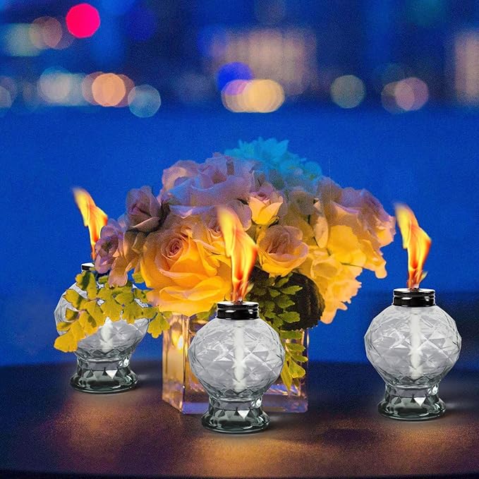 4 Pack Glass Table Torches, Citronella Table Top Torches with Wick and Cap for Outdoor, Refillable Landscape Lanterns for Yard, Patio, Christmas, Garden, Party Decor