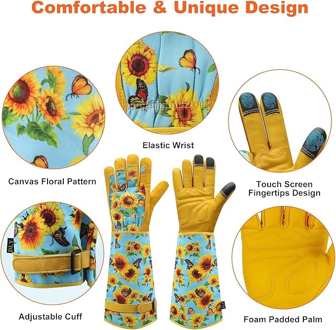 DLY Gardening Gloves for Women, Rose Gloves Gardening Thorn Proof, Long Garden Gloves for Women, Breathable Cowhide Leather Gauntlet (Small, Blue