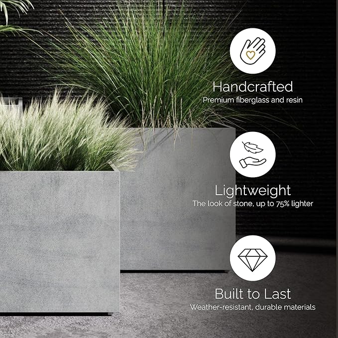 Reglito Cube Planter – Fiberglass Indoor/Outdoor and Weather-Resistant Large Planter (Sand Stone, 27.6" L x 27.6" W x 28.1" H)