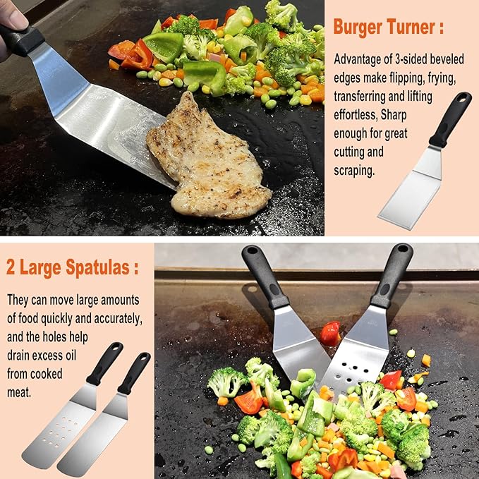 38PCS Griddle Accessories Kit, Professional Grill Tools Set for Outdoor Barbecue, Stainless Steel Griddle Spatula Set with Tongs, Smash Burger Press, Carry Bag, Perfect Grilling Gifts
