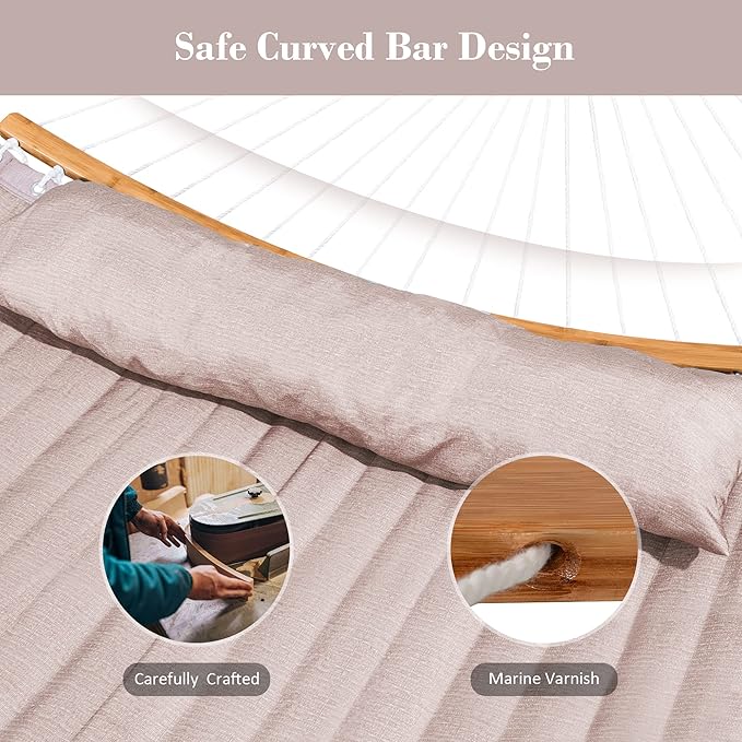 SUNCREAT 55 Inch Large Double Hammock with Stand, 450lbs Capacity, Outdoor Portable Hammock with Curved Spreader Bar, Extra Large Pillow, Tan