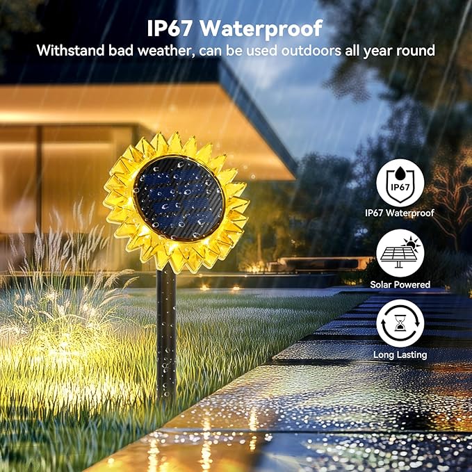 Outdoor Solar Lights, 4 Pack Led Solar Sunflower Lights, Stake/Wall 2-in-1 Waterproof Solar Garden Lights for Yard, Landscape, Fence, Patio, Driveway, Pathway, Backyard Decoration (Warm White)