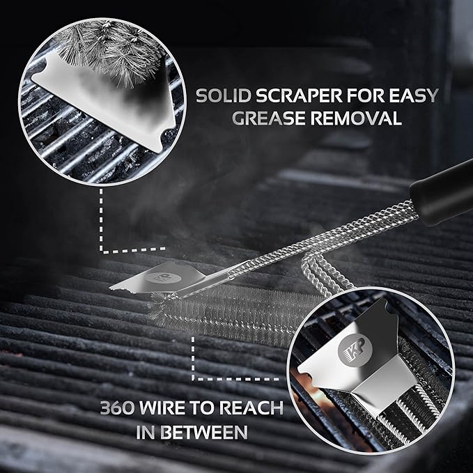 KITCHEN PERFECTION Safe Wire Grill Brush for Outdoor Grill w/Grill Scraper & Grill Mat Grill Cleaning Kit -Extended Handle BBQ Brush for Effortless Grill Cleaning Grill Cleaner Brush Barbecue Tools