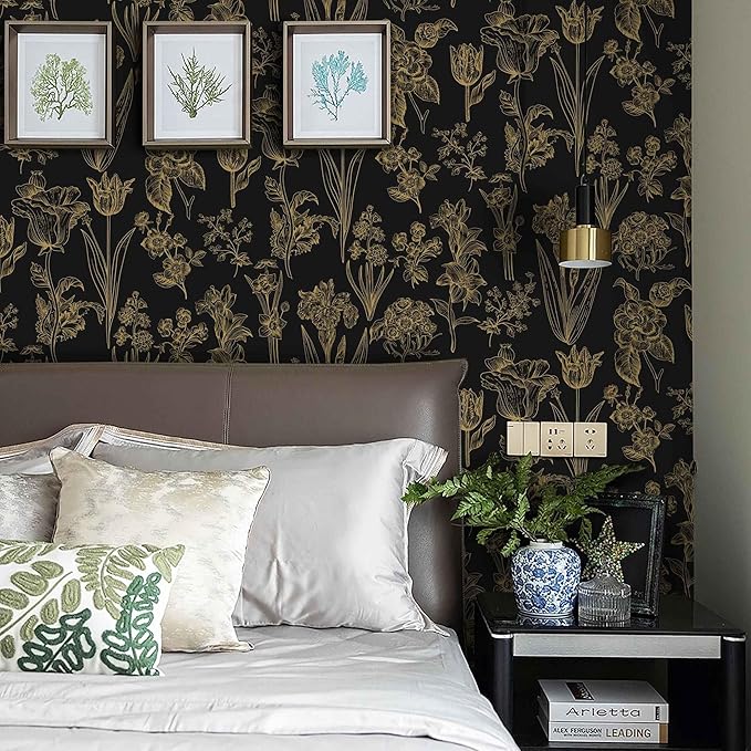 Dimoon 236"x17.3" Floral Wallpaper Peel and Stick Flowers Golden Black Contact Paper Thicken Waterproof Modern Self Adhesive Plants Wallpaper Removable Wall Paper Shelf Vinyl Roll