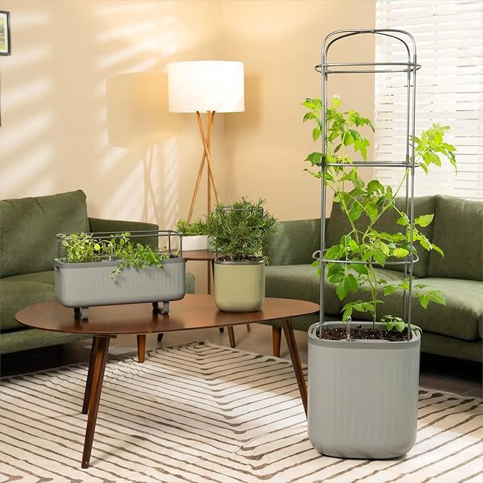 Vego garden Tomato Planter Box with Trellis Self-Watering Rolling Raised Garden Bed for Climbing Vegetables Plants Cage - Sage Green