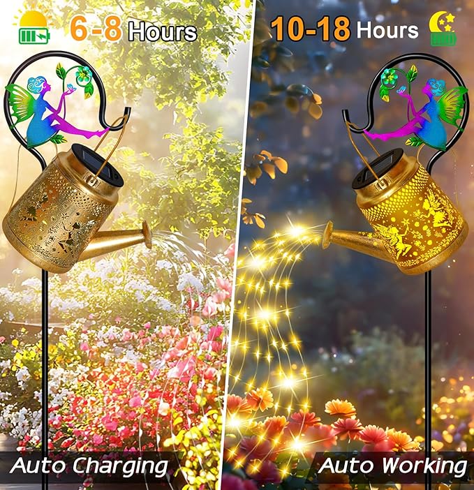Solar Watering Can Lights Outdoor Garden Decor, Large Fairy Hanging Lantern with Shepherd Hook, Waterproof Garden Lights for Outdoor Landscape Pathway Yard, Garden Gift for Mom Grandma