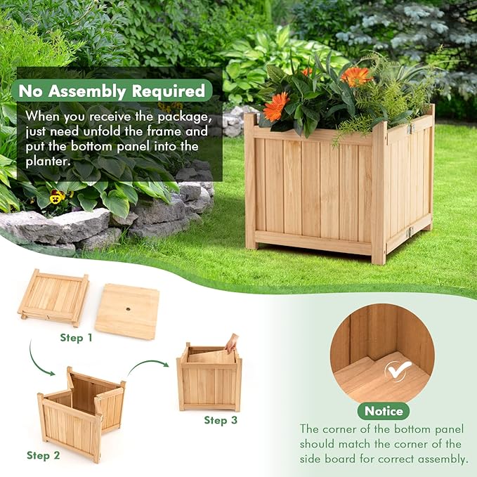 GRAFFY Raised Garden Bed, Folding Wood Planter Box w/Removable Bottom & Drainage, Indoor Outdoor Square Elevated Planter for Flower Herb Vegetable Fruit, Plant Container for Grass Lawn Patio Backyard