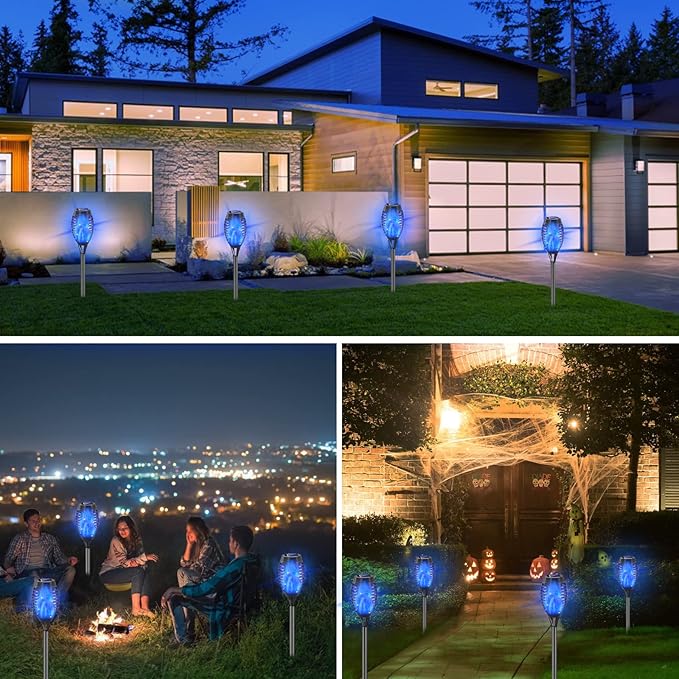 Blue Solar Lights, Halloween Decorations Outdoor 8 Pack Solar Torch Lights with Flickering Flame, 12 LED Mini Tiki Torches Waterproof for Landscape Pathway Dusk to Dawn Auto On/Off