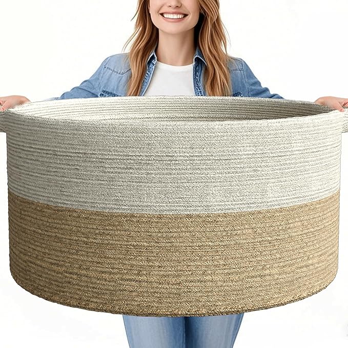 125L Extra Large Blanket Basket, 25" x 16", Jumbo Laundry Woven Baskets Decorative Home, Cotton Rope Basket with Handles, Baby Toy Baskets for Storage, White & Brown,2PC