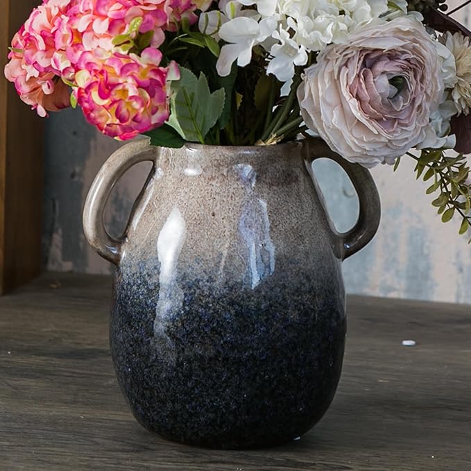 Brown Gradient Ceramic Vase with 2 Handles, Modern Farmhouse Decor, Rustic Terracotta Pottery, Decorative Flower Vases, Clay Small Vase, Centerpiece for Dining Table - 7 Inch Tall