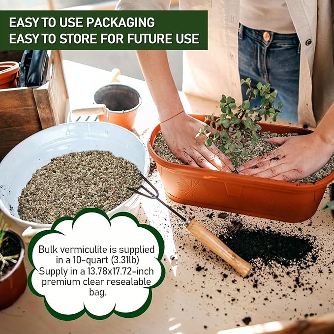 10QT Horticultural Vermiculite Bulk, Organic Vermiculite for Plants, Course Grade Vermiculite for Gardening, for houseplants, for Mushrooms, to Maintain Soil Moisture and Plant Growth(5-8mm)