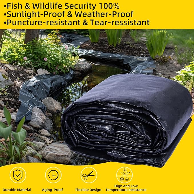 TEZONG Pond Liner,25x30Ft Pond Liners for Outdoor,28Mil PE Black Koi Fish Pond Liner,Reinforced Pond Underlayment for Water Garden,Waterfall,Fountain