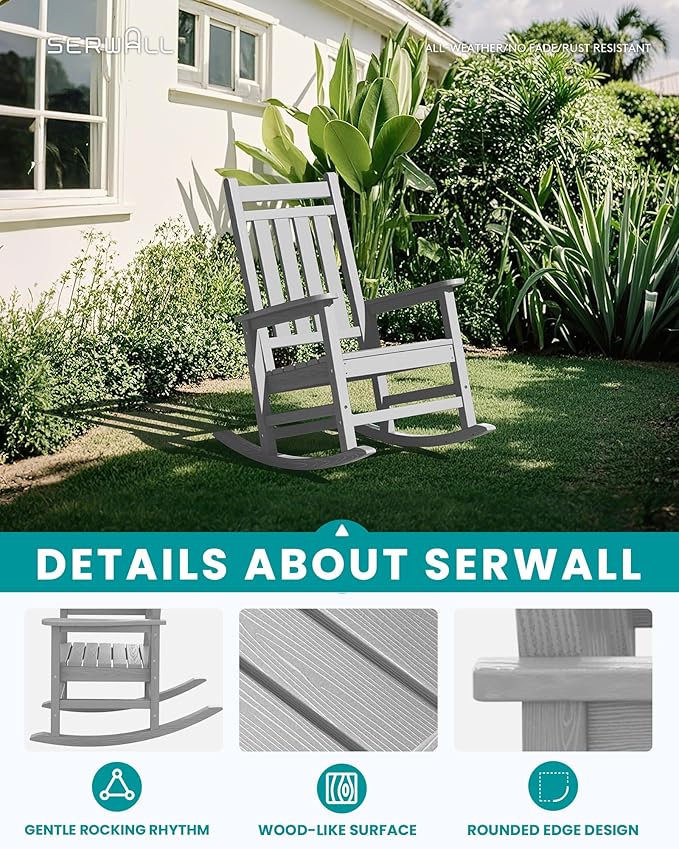 SERWALL Oversized Outdoor Rocking Chair Set of 4, HDPE Rocker for Adults, Patio Rocking Chairs for Porch, Sliver Gray