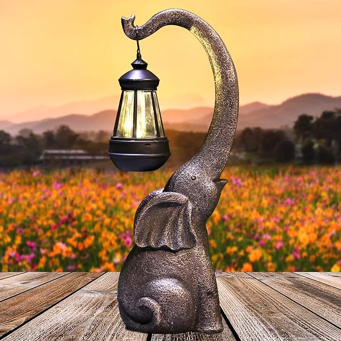 15" Outdoor Sculpture Figurine Statue Elephant Decorations Solar Garden Statues for Patio Home Yard Decor Good Luck Garden Elephant Birthday Gifts for Woman, Mom Family