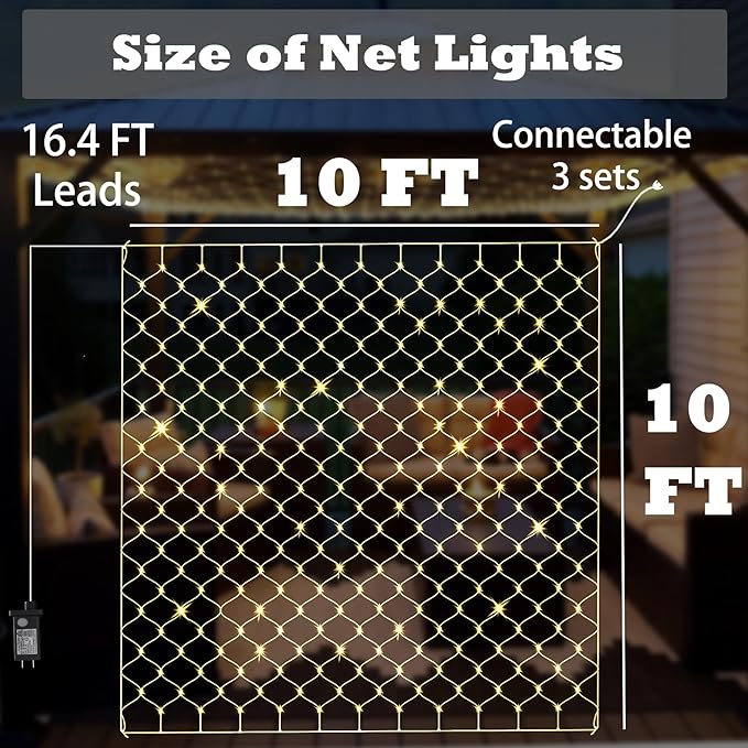 Eueasy Outdoor 360 LED Gazebo Net Lights, 10×10 FT Connectable Fairy Lights with 8 Modes, for Bushes, Garden, Backyard, Holiday, Christmas