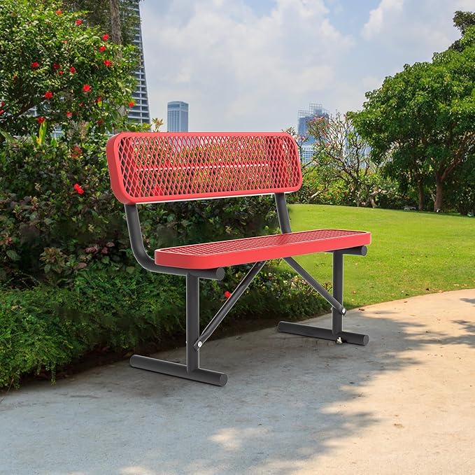 Heavy Duty Park Bench with Back Portable Frame, Outdoor Steel Bench with Backrest, Outdoor Park Bench Expanded Metal Mesh Bench for Lawn, Park, Deck, Garden, Patio, Porch, Black (Red, 4FT)