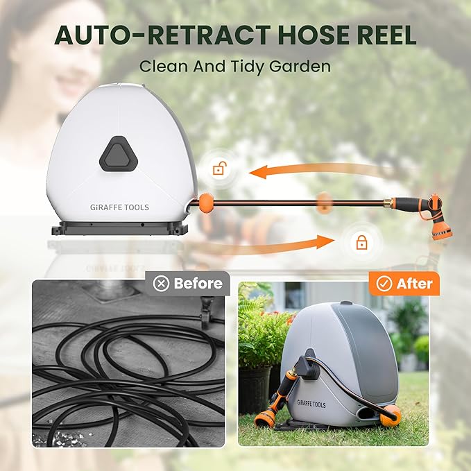 Giraffe Tools Ground Mounted Retractable Hose Reel 1/2 Inch x 130FT, Heavy Duty Automatic Rewind Garden Hose Reel, with Flexible Swivel Base for Lawn, Concrete Floor