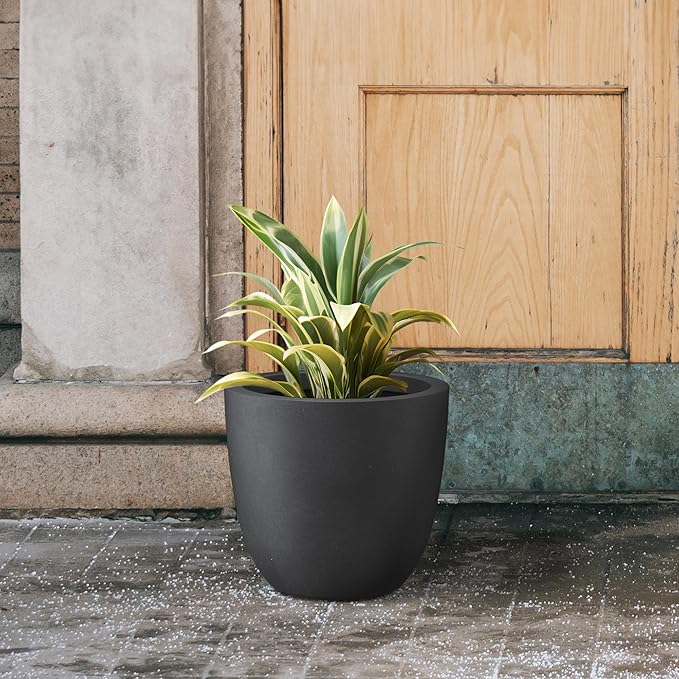 Kante 14 Inch Dia Round Concrete Planter, Indoor Outdoor Large Plant Pot with Drainage Hole and Rubber Plug for Home Patio Garden, Black