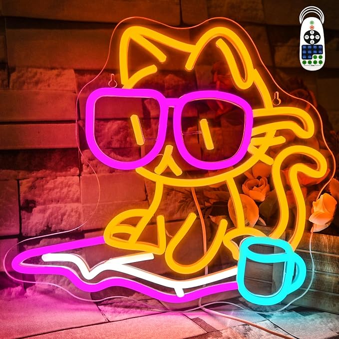 Cat Reading Book Neon Sign Wall Decor, Reading Cat Neon Light Bedroom Wall Decor Suitable for Classroom Book Party Library Decoration Reading Room Bookish Decor Gift