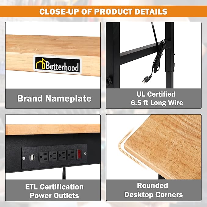 Adjustable Height Workbench, 48" Rubber Wood Top Heavy Duty Workstation with Power Outlets, 2000 LBS Load Capacity Hardwood Worktable for Workshop, Garage, Office, Home, Commercial
